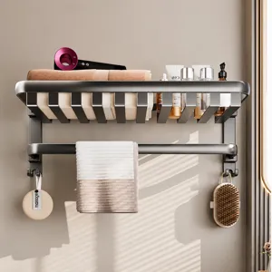 Portasciugamani da bagno grigio a parete mensola di stoccaggio multifunzionale con ganci.