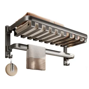Portasciugamani pieghevole in metallo grigio scuro mensola da parete per bagno con cestello.