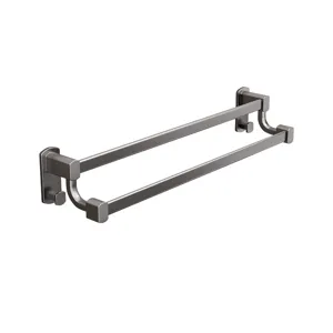 Gunmetal grey double towel bar space aluminum wall mounted bathroom rack with utility hooks