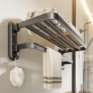 Wall Mounted Foldable Bathroom Towel Rack Carbon Steel ABS Punch-Free Shelf Storage Holder For Bathroom Home
