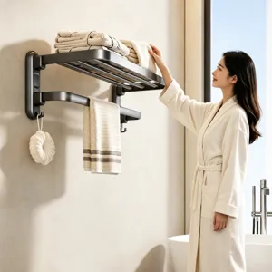 Wall-mounted dark gray bathroom towel rack with shelf and hooks for modern space-saving storage