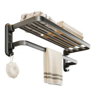 Wall-mounted folding towel rack for bathroom, gunmetal black finish with storage shelf and hooks.