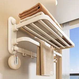 Cream Style Punch-Free Suction Cup Towel Rack Bathroom Storage Shelf Wall Mounted Foldable Bath Towel Holder