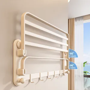 Cream wall-mounted folding towel rack and bathroom storage shelf organizer with hooks