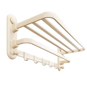 Cream style wall mounted towel rack bathroom shelf with hooks punch free storage organizer