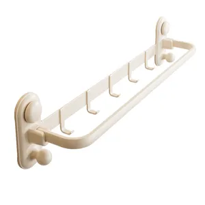 Cream wall mounted folding towel rack with hooks punch free bathroom storage organizer shelf