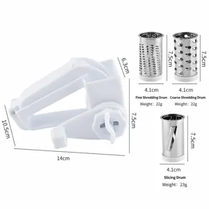 Grattugia per formaggio rotativa manuale con 3 tamburi in acciaio inox per cucina.