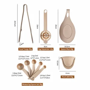 Set di utensili da cucina in silicone con pinze, separa uova e cucchiai dosatori.