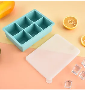 6-Gitter Silikon Eiswürfelform mit Deckel große quadratische Eisform für Whisky Küche