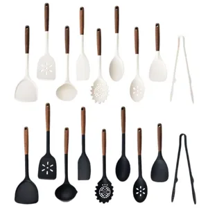 Juego de utensilios de cocina de silicona con mangos de madera espátulas y cucharas antiadherentes