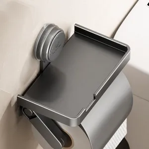 Wall-mounted toilet paper holder with top storage shelf punch-free bathroom tissue box