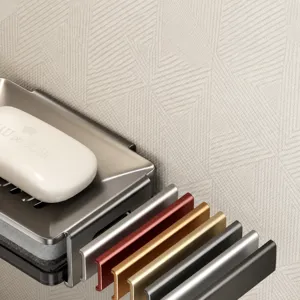 Jabonera de pared de aluminio espacial con diseño de drenaje y múltiples opciones de colores.