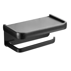 Matte gun grey aluminum wall-mounted toilet paper holder with storage shelf for bathroom