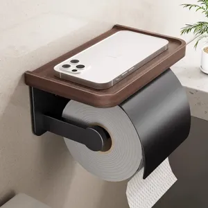Walnut Wood Toilet Paper Holder With Storage Shelf Bathroom Tissue Roll Dispenser Wall Mounted Tissue Box For Restroom Hotel Home