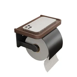 Walnut toilet paper holder with phone shelf wall mounted bathroom tissue roll holder rack