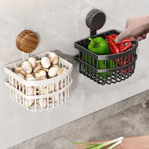 Cesta de almacenamiento de cocina con ventosa de pared, organizador de ajo y jengibre sin taladro.