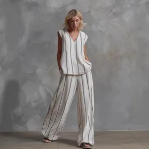 Minimalist black and white striped linen two piece set women casual sleeveless top and pants