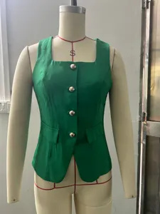 Green sleeveless suit vest for women, elegant square neck business casual waistcoat inner wear.