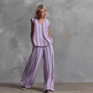 Chic lavender vertical striped loose sleeveless top and wide-leg trousers two-piece set.