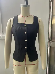 Women's black sleeveless vest square neck business casual waistcoat with metallic buttons.