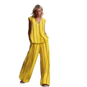 Women summer striped linen two-piece set, sleeveless top and wide leg pants casual outfit.