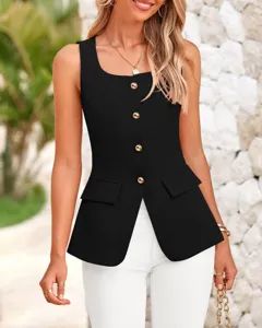 Detailed close-up of the elegant black sleeveless vest featuring chic gold buttons and pockets.