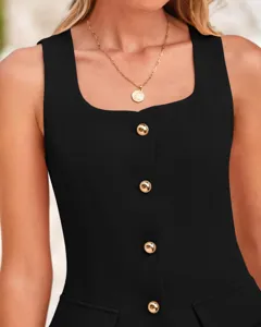 Close-up detail of a chic black sleeveless vest featuring elegant square neckline and gold buttons.