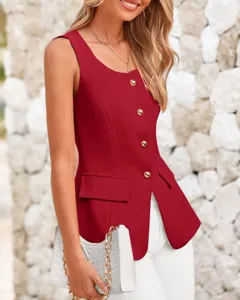 Elegant red sleeveless blazer vest with square neckline and gold buttons for women.
