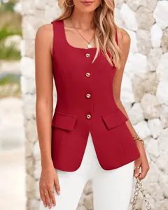 Detail shot of elegant women's sleeveless suit vest, square neck, chic buttons, stylish wear.