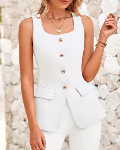 Elegant sleeveless suit vest for women, chic square neck design with gold buttons.