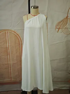 Elegant one-shoulder solid color maxi dress for women, sleeveless resort vacation style.