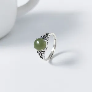 Vintage 925 Sterling Silver Butterfly Ring For Women Thai Silver Style Nephrite Jade Inlaid Adjustable Open Finger Ring Jewelry