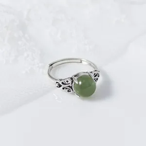 S925 Sterling Silver Green Jade Retro Ring Niche Design Vintage Open Ring for Women
