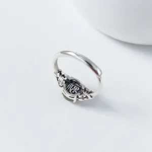 S925 Sterling Silver Hetian Jade Butterfly Ring Vintage Thai Silver Open Ring for Women
