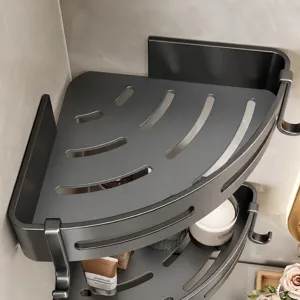 Gunmetal grey bathroom corner shelf wall-mounted punch-free shower storage organizer rack.