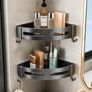 Gunmetal corner shower caddy, punch-free bathroom wall mounted storage rack for shower room.