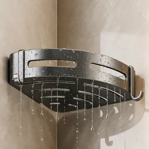 Gunmetal bathroom corner shelf punch-free triangular shower organizer wall mounted storage rack