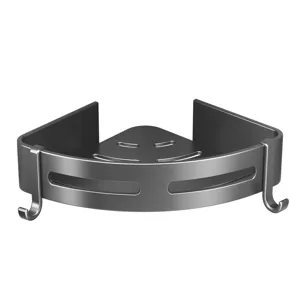 Gunmetal grey bathroom corner shelf, punch-free shower storage rack with hooks and drainage.