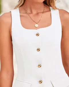 Detailed view of white sleeveless square neck suit vest featuring elegant gold metal buttons.