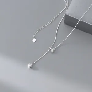 S925 silver Y-shaped necklace minimal textured cube pendant elegant daily jewelry for women