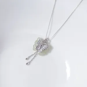 Elegant S925 silver Hetian jade butterfly tassel pendant necklace, minimalist ins style chic jewelry.
