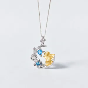 Nouveau Style Chinois Vintage Pendentif Seul en Argent Sterling 925 Lapin Avec Fleur de Topaze Or Argent Bicolore Bijoux Pendentif Sans Chaîne pour Femme