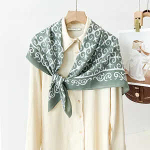 Elegant green printed square scarf for women, vintage pattern stylish neck scarf 90cm.