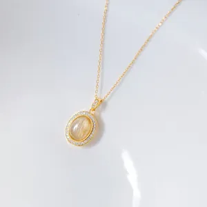 S925 Sterlingsilber Gelber Rutilquarz Oval Anhänger Für Damen Inkrustiert Strass Exquisit Minimalistisch Ins Stil Nur Anhänger