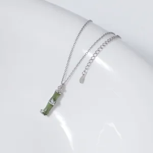 Elegant S925 silver green jade bamboo necklace, vintage Chinese style pendant jewelry gift.