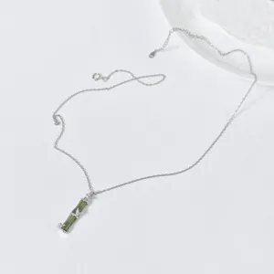 S925 silver Chinese style green jade bamboo pendant necklace, elegant vintage jewelry accessory