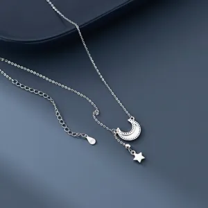 Filigrane S925 Silber Stern und Mond Halskette, elegante Detailansicht mit feinem Anhänger.