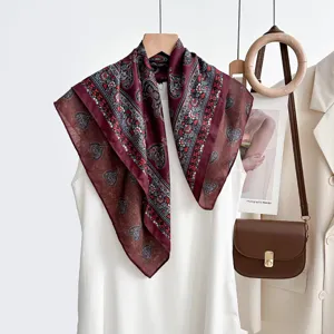 Vintage paisley print square scarf, elegant burgundy silk feel neckerchief for women.