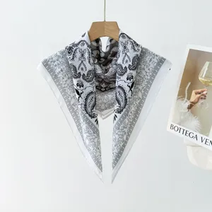 Vintage black and white paisley print square scarf, elegant retro neckerchief for women.