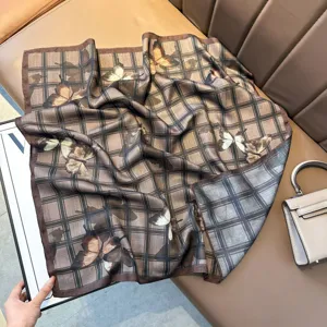 Retro plaid butterfly print silk square scarf for women, elegant fashion neck accessory.